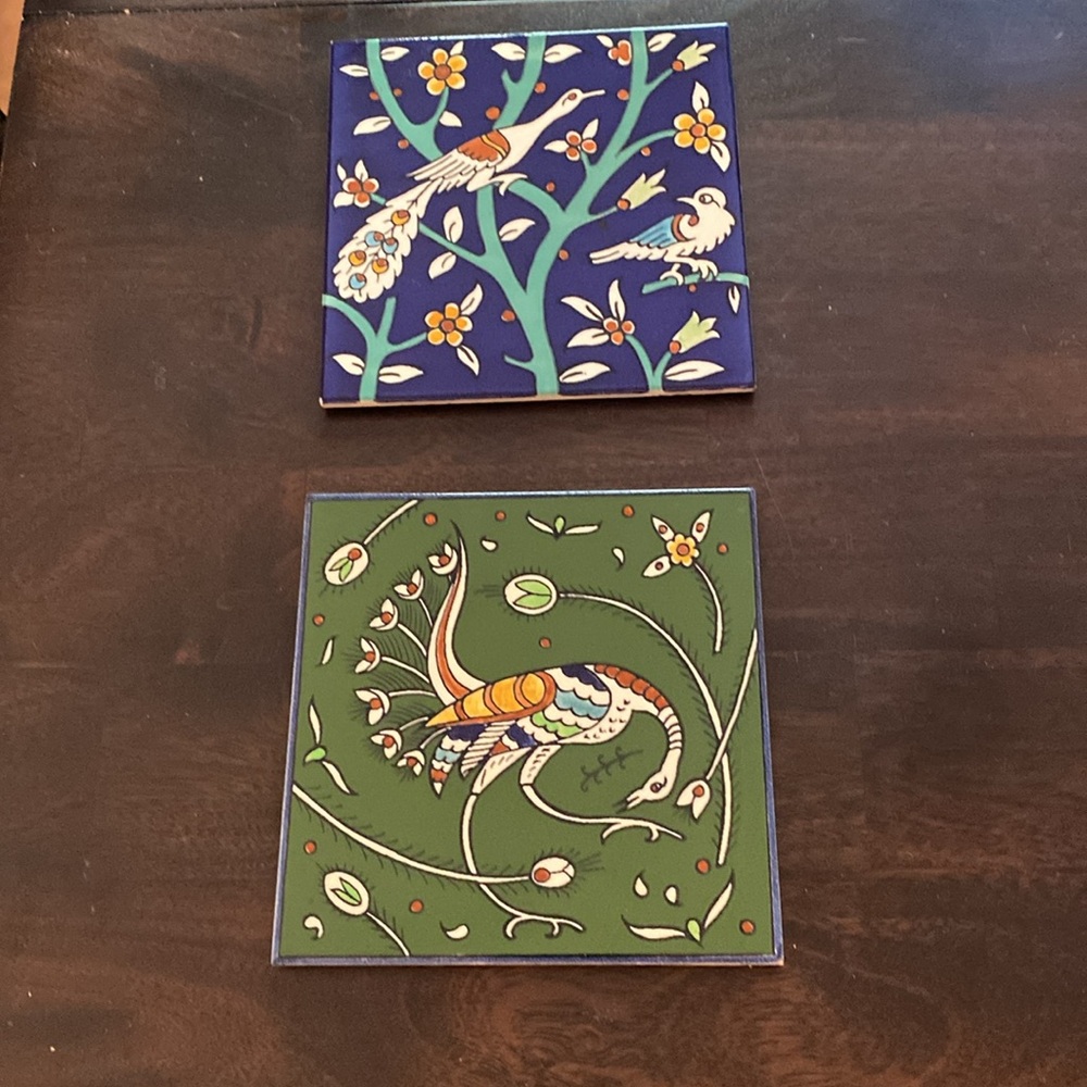 2 Vintage peacock decorative tiles (2) from Jerusalem Pottery